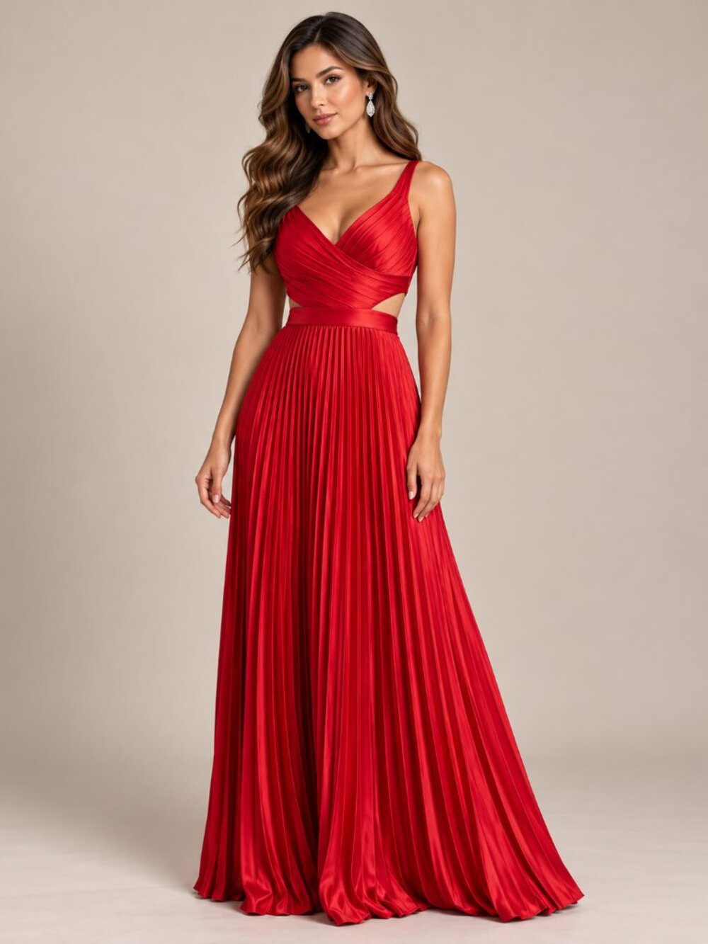 Red Satin Pleated V-Neck Cutout Maxi Evening Dress
